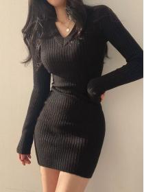 Korean style  chic winter women's V collar slim knit dress