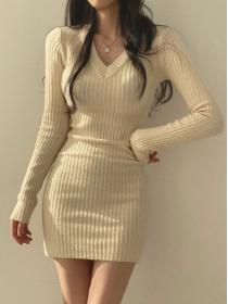 Korean style  chic winter women's V collar slim knit dress
