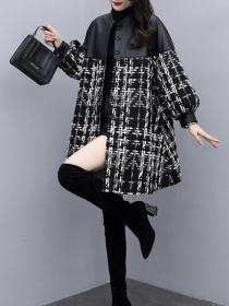 Winter new loose stitching tweed long coat black plaid woolen cloth coat