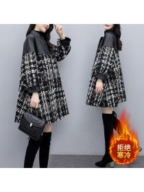 Winter new loose stitching tweed long coat black plaid woolen cloth coat 