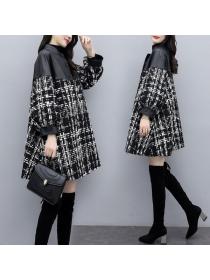 Winter new loose stitching tweed long coat black plaid woolen cloth coat 
