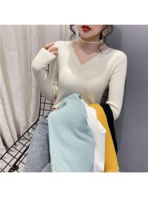 Winter new women's long sleeve pullover slim hollow knit top