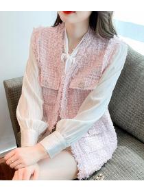  Korean Style  double-breasted long-sleeved  design sense niche stitching top