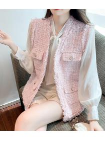  Korean Style  double-breasted long-sleeved  design sense niche stitching top