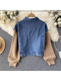  women 's knitted Sleeve denim coat loose short Denim jacket