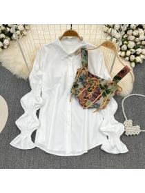 Vintage style waistcoat two-piece set medium long flared sleeve blouse 