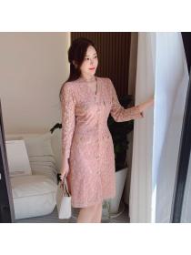 Autumn new vintage style temperament pink lace dress