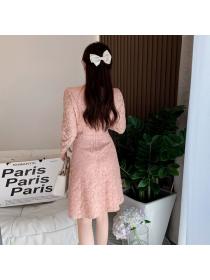 Autumn new vintage style temperament pink lace dress
