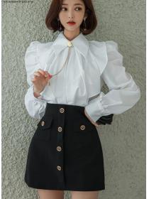 Korean  Style ruffled shirt top fashion waist small skirt set