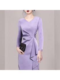 New arrival fall Slim waist Solid color dress