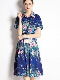 Summer women's fashion new European style print Slim shirt collar dress with belt