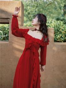 Summer new holiday Red Beach beautiful lace-up Maxi dress