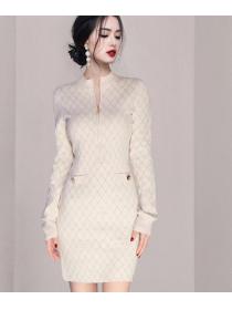 European Style V  Collars Printing Show Waist Dress 