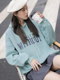 Korean style loose cashmere mid length casual hoodie