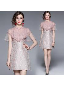 New style round neck short sleeve ruffle embroidery temperament dress