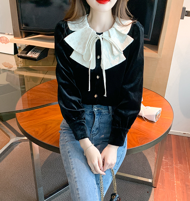 Thickened new autumn winter doll collar lace velvet Top