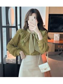 Korean style Matching bow tie long sleeve Top