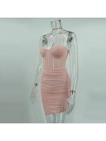 Outlet hot style Nightclub fashion mesh fishbone irregular halter neck fashion Bodycon dress
