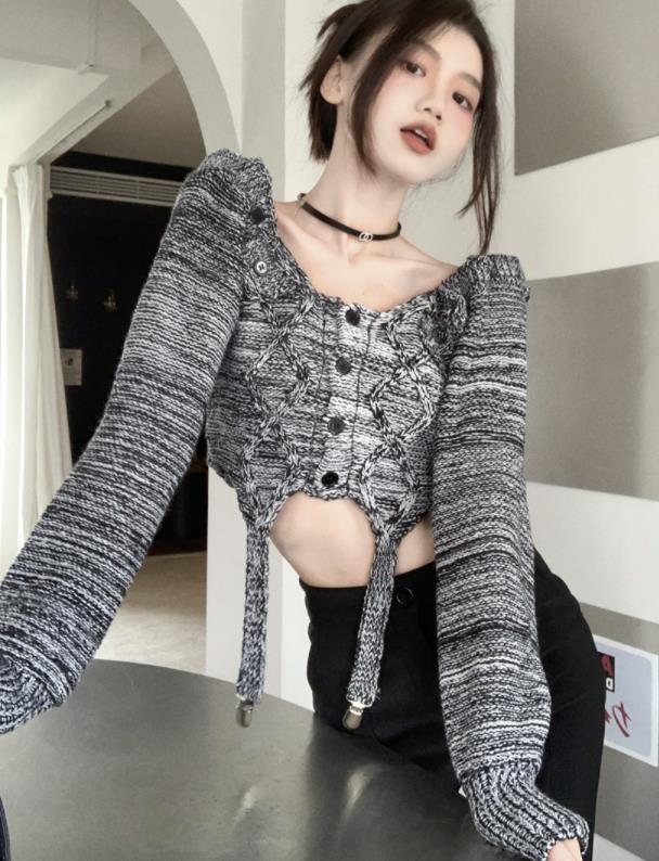 On Sale Pure Color Lace Up Knitting Fashion Top