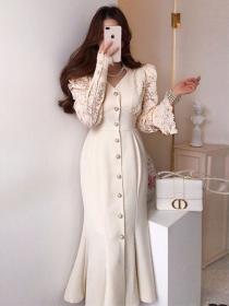 Korean style Lace sleeve Fishtail dress