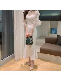 Fashion style Puff sleeve White Fishtail dress 
