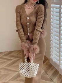 Vintage style V-neck woolly knit cardigan jacket +half skirt two pieces sets