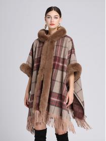 European style Winter Fashion Plaid Shawl thick Big fur collar Long wool coat