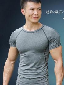 Men's summer tights sports fitness wear short sleeve T-shirt training stretch quick dry top round neck solid color half 
