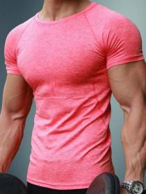 Men's summer tights sports fitness wear short sleeve T-shirt training stretch quick dry top round neck solid color half 