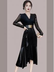 Autumn and winter new women's sexy lace stitching velvet asymmetric long dress with belt