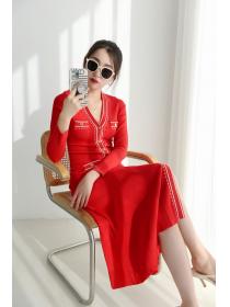 Temperament Single-breasted V-neck knitted long dress