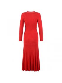 Temperament Single-breasted V-neck knitted long dress