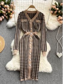 Korean style Plaid V neck Knitted Dress