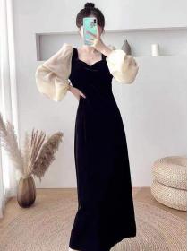 Vintage style puff sleeve black dress Slim temperament Velvet long dress