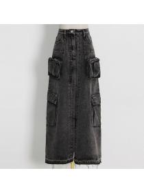 European style Fashion High waist pockets slit skirt