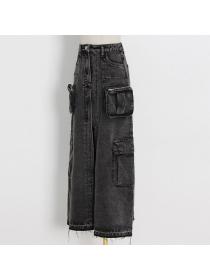 European style Fashion High waist pockets slit skirt