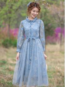 Fashion style A-line dress long-sleeved Polo collar Floral dress