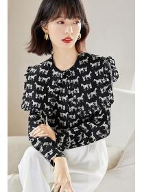 Spring new Round collar Silk long-sleeved blouse