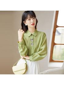 Spring new Polo collar Solid color long-sleeved blouse