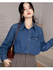 Korean Style Doll Collars Pure Color  Fsshion Denim Blouse