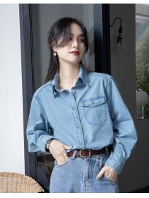 Korean Style Doll Collars Pure Color  Fsshion Denim Blouse