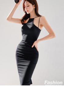 Hollow Out Pure Color Slim Sexy  Dress 