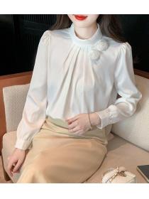 Stand collar flower chiffon shirt French long-sleeved top temperament  shirt  