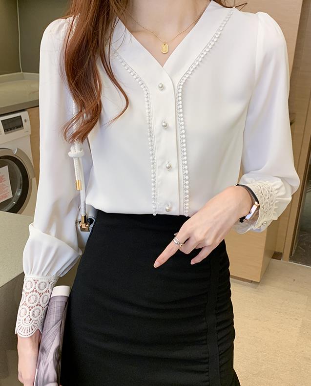 Discount   Pure Color Lace Matching Fashion Blouse