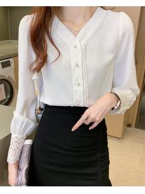 Discount   Pure Color Lace Matching Fashion Blouse 
