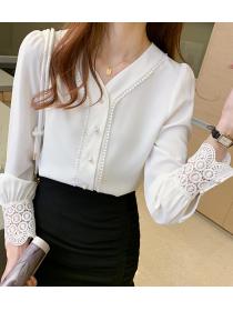 Discount   Pure Color Lace Matching Fashion Blouse 