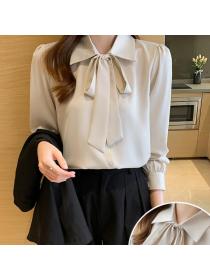 On Sale Pure Color Bowknot Matching  Blouse 