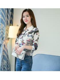 Long-sleeved shirt ink printed chiffon shirt Korean version loose simple shirt