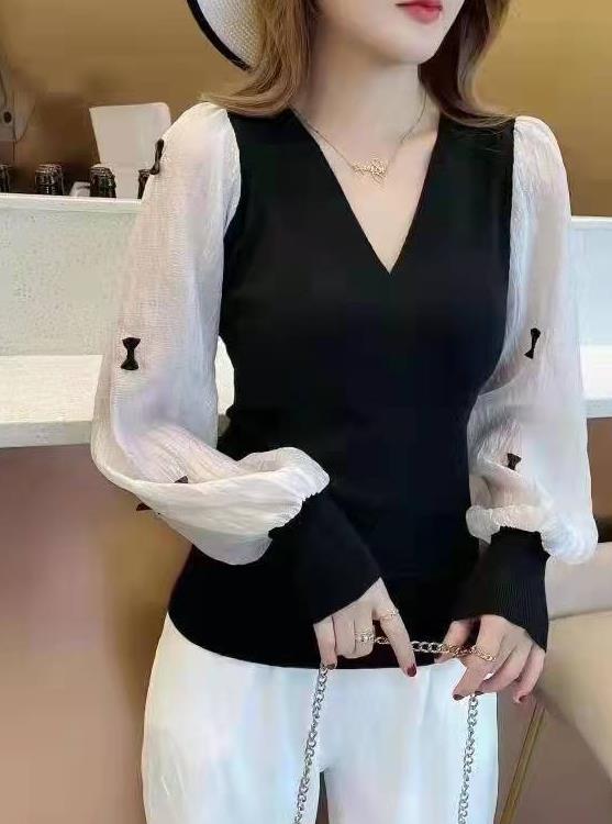 European Style V  Collars Color Matching Blouse