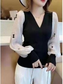 European Style V  Collars Color Matching Blouse 